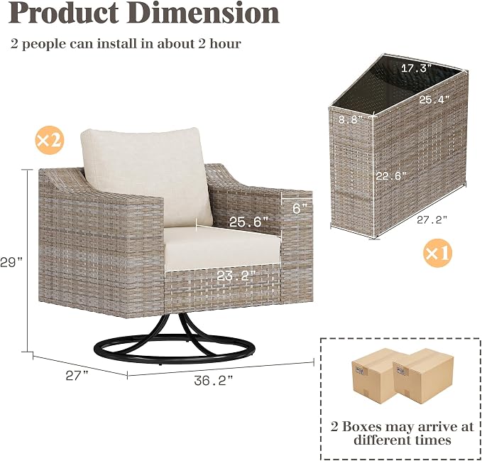 LUXOAK 3-Piece Outdoor Wicker Patio Furniture Set, 360° Swivel Rocking Chairs with Storage Side Table, PE Rattan Conversation Set with 6" Wide Armrests & Thick Cushions, for Porch/Deck/Garden/Backyard