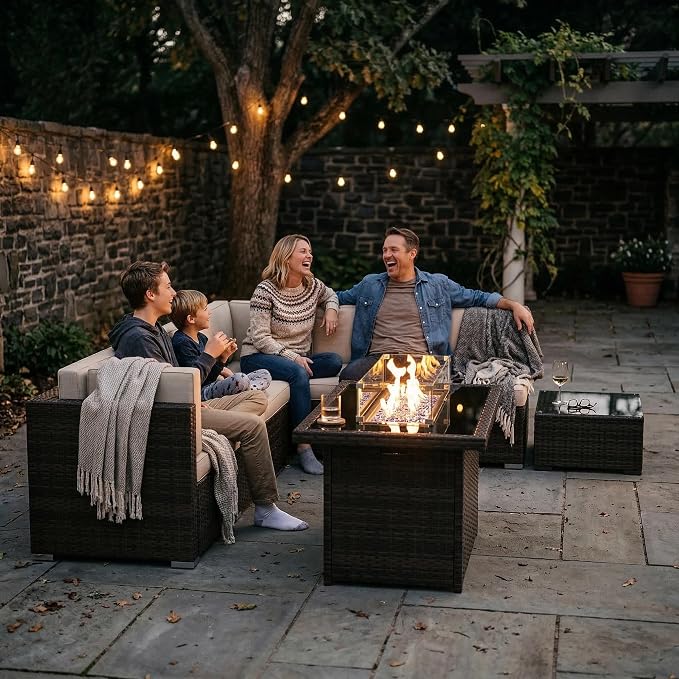 15 Pieces Patio Furniture Set with 44" Propane Gas Fire Pit Table, Outdoor Sectional Brown Rattan Wicker Conversation Sofa Sets with Coffee Table