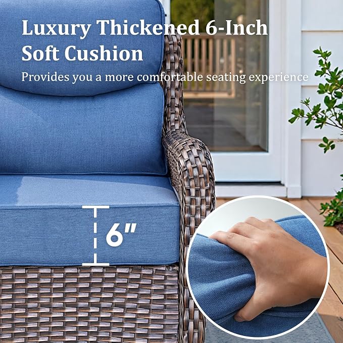 Luxury High Back Patio Furniture Set with 6-Inch Thick Cushions, 4-Pieces Outdoor Furniture with Swivel Chairs, Wicker Conversation Set for Porch, Balcony, Deck and Yard, Brown/Blue