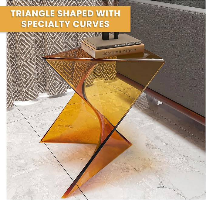 LeisureMod 15.75" Triangular Side Table, Stackable Plastic Accent End Table for Indoor & Outdoor Use, Weather-Resistant Modern Patio & Living Room Table, Set of 2, Tea (Transparent)