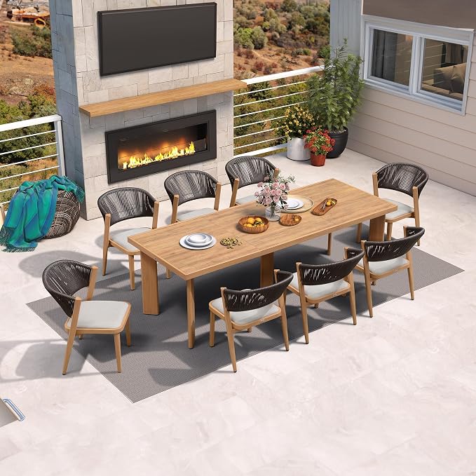 PURPLE LEAF 8-Piece Patio Dining Set Outdoor Furniture Rectangular Table and Chairs Set with Aluminum Frame and Teak-Finish for Garden Deck Backyard Kitchen Sunlit Teak Outdoor Set