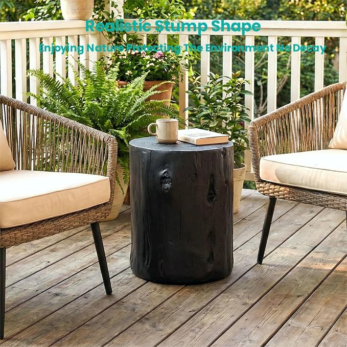 SUNBURY Outdoor Stump Side Table, Faux Wooden Concrete End Table, Black Round Patio Accent Table,Decorative Planter Stand Ottoman for Garden Household Living Room