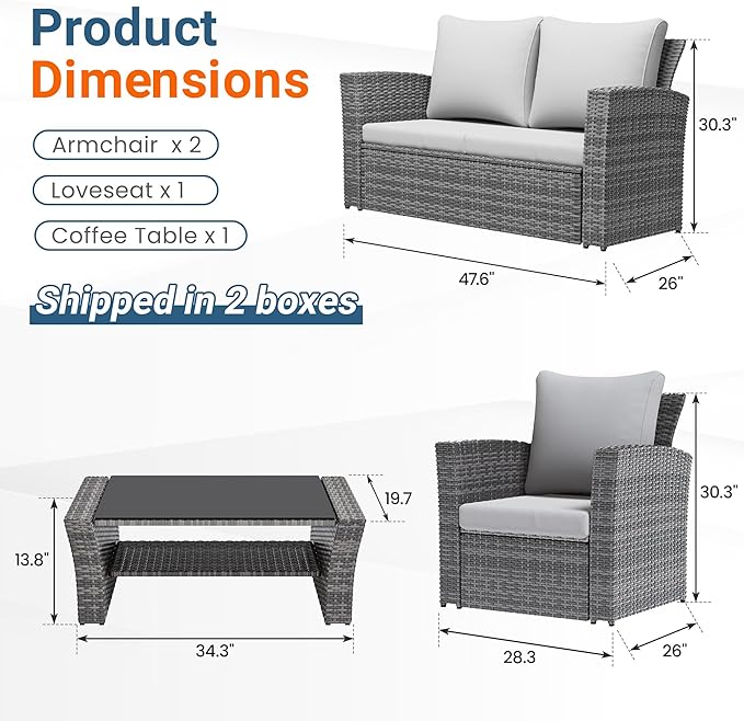 Wisteria Lane Patio Furniture Set, Wicker Outside Outdoor Furniture for All Weather, Patio Sofa with High Backrest Support and Wide Armrest for Backyard, Balcony, Deck, Porch, Ash Gray