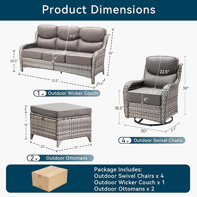 Luxury High Back Outdoor Furniture with 6-Inch Thick Cushions, Patio Furniture Set with Swivel Chairs, 7 PCS Wicker Conversation Set for Porch, Balcony, Deck and Yard