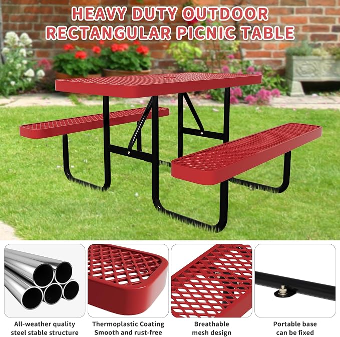 4FT Rectangular Steel Outdoor Picnic Table,Commercial Red Picnic Table Bench Set with Umbrella Hole, Weather-Resistant Heavy Duty School Dining Table for Patio, Garden, Backyard