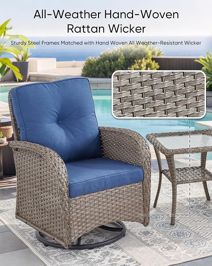 HUMMUH 3-Piece Wicker Swivel Rocking Patio Bistro Set, Grey/Blue | 360-degree swivel, 2-tier side table, UV-proof Olefin fabric, 4-inch sponge cushions, 3-inch armrests
