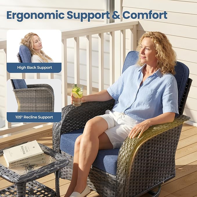 7 Piece Wicker Patio Furniture Set with Swivel Chairs, Denim Blue | High Back Swivel Rocker Chairs, Outdoor Loveseat Sofa, Coffee Table, Rattan Conversation Set, Porch Deck Backyard Poolside