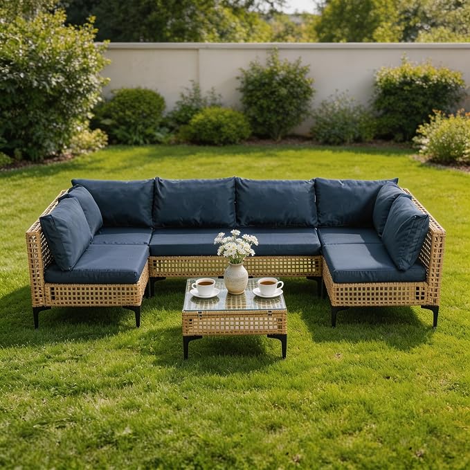 7 PCs Outdoor Patio Furniture All Weather Wicker Rattan Sectional Conversation Sofa Set w/Water Resistant Cushions, Coffee Table for Paito, Lawn, Garden, Dark Blue