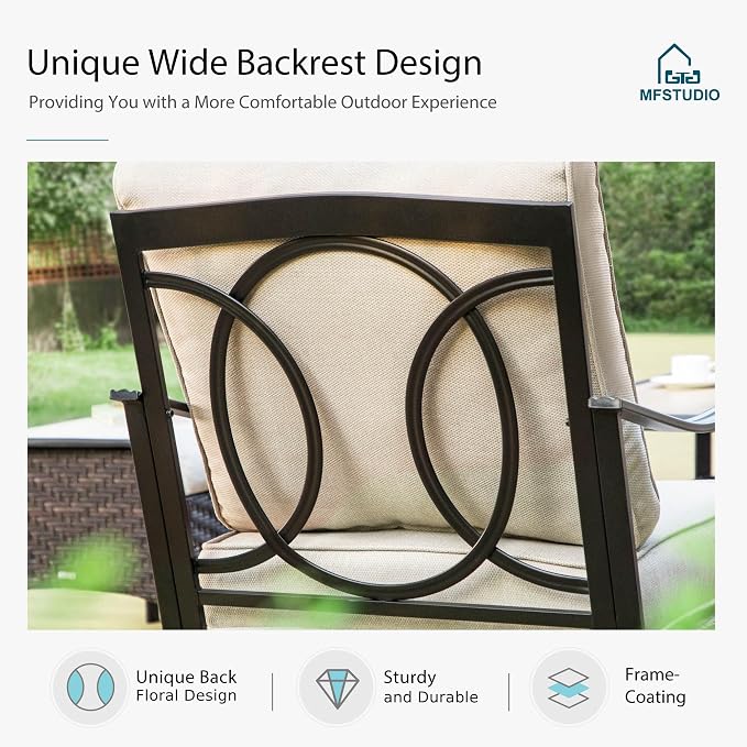MFSTUDIO 4 Pieces Outdoor Patio Furniture Set, Metal Outdoor Conversation Set, Rattan Wicker Patio Sectional Sofa Set with 2 x Fixed Single Sofa, 3-Seat Sofa, 1 x Coffee Table, Beige