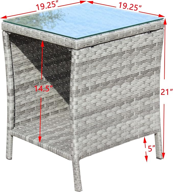 Outdoor Wicker Side Table, 19.25" Square Patio End Table with Tempered Glass Top & Storage Shelf, All-Weather Grey Rattan Coffee Table for Patio, Porch, Backyard, Poolside, Indoor & Outdoor Use