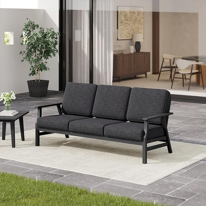 4 Pieces Patio Furniture Sets, Black Wood Outdoor Sectional Furniture with Coffee Table, 5 Seats Patio Sofa Couch Conversation Set for Backyard Deck - Dark Gray
