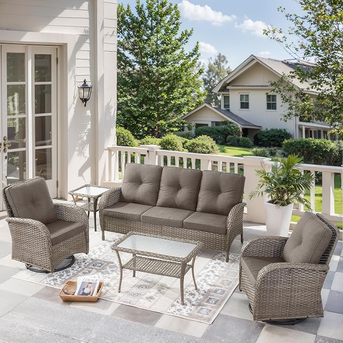 5 Pieces Wicker Patio Furniture Set-Outdoor Swivel Rocker Patio Chairs Patio Sofa Set with Tempered Glass Top Outdoor Coffee Table for Deck Lawn Porch Balcony Poolside-Grey/Grey