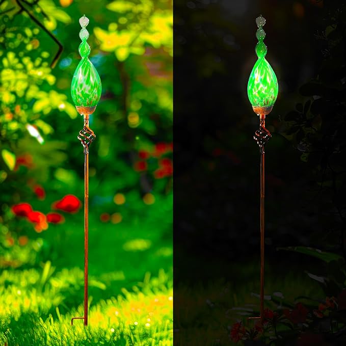 Solar Garden Stakes, Garden Solar Lights with LED Flame, Hand Blown Glass Decorative Garden Stakes, Weatherproof Outdoor Yard Porch Decor