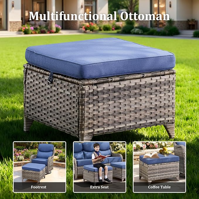 Luxury Patio Furniture Set with 42.5" Fire Pit Table, 6 Pieces High Back All Weather Wicker Outdoor Furniture w/ 6-Inch Thick Cushions, Patio Swivel Chairs Couch for Deck Balcony Backyard Grey/Blue
