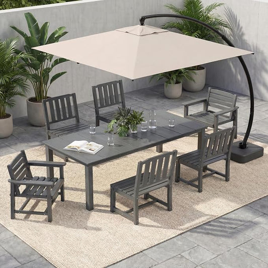7-Pc Outdoor Dining Set, 10x10FT Cantilever Umbrella for 6,Gray | HDPE table, chairs included, aluminum frame, weather-resistant furniture, perfect for yard, lawn, garden, deck