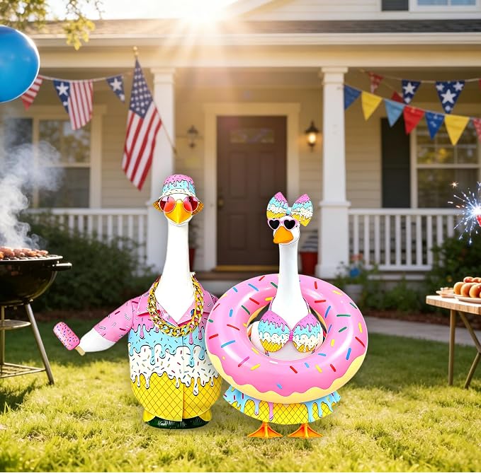 Porch Goose Outfits Summer Ice Cream Shirt - 5-Piece Male Couples Large Lawn Goose Clothes with Hawaiian Shirt, Bucket Hat, Pink Sunglasses, Gold Chain & Popsicle, Outdoor Yard Decor (Boyfriend Theme)