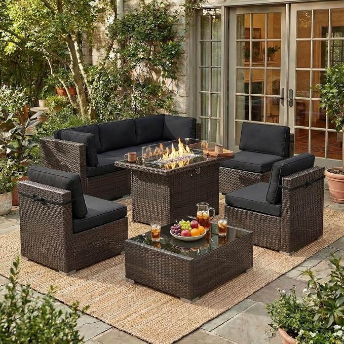 LayinSun 8 Piece Patio Furniture Set with 44" Propane Gas Fire Pit Table, Outdoor Sectional Conversation Set Wicker Rattan Sofa Set with Coffee Table