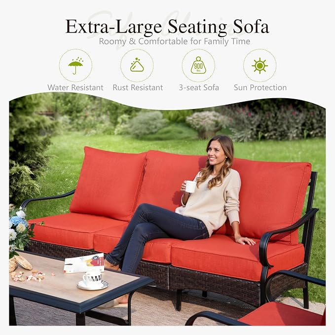Sophia & William Patio Furniture Set, 4 Piece Metal Outdoor Conversation Set with 3-Seater Outdoor Couch, 2 Sofa Chairs, 1 Coffee Table for Outdoor Seating, Backyard, Porch(Red)