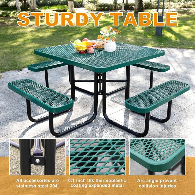 46-Inch Square Metal Outdoor Picnic Table – Commercial Heavy-Duty Steel Dining Table with Thermoplastic Coating, Weather & Rust Resistant, Ideal for Patio, Outside, Garden, Schools(Green)