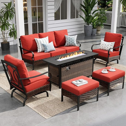 Sophia & William Patio Furniture Set with 56" Fire Pit Table, Metal Outdoor Conversation Set Patio Sectional with 3-Seater Sofas, 2 Rocking Chairs, 2 Ottomans, 1 Firepit Table for Porch Deck, Red