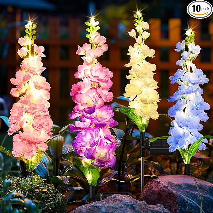KOOPER Solar Delphinium Flower Lights Outdoor, 10 Pack, 90 LEDs, Waterproof | Vivid Solar Flowers Outdoor Waterproof for Landscape, Patio, Lawn, Flower Bed, and Yard Decor, Garden Gifts for Women, Mom