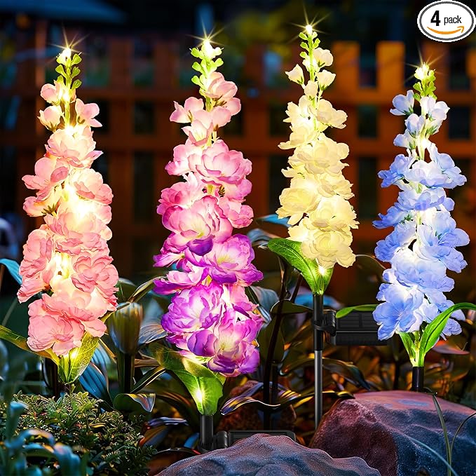 KOOPER Solar Lights Outdoor Garden Decor, 4 Pack Upgraded Delphinium Solar Garden Lights with 36 LEDs, Vivid Flowers Outdoor Waterproof for Landscape Patio Yard Decor