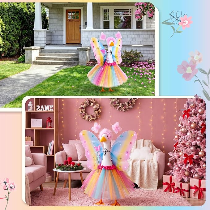 5pcs Butterfly Porch Goose Outfit Costume Tutu Skirt Butterfly Wing Wand Flower Crown for 17‘' 23‘' Cement Goose