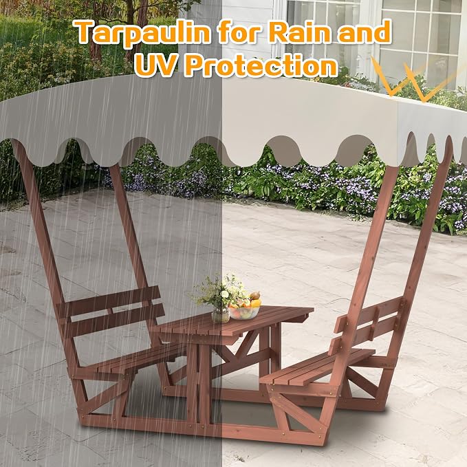 Outdoor Waterproof Solid Wood Picnic Table and Bench Set with Removable Canopy - Suitable for All-Weather patios, Gardens, Decks, Parks, Beaches