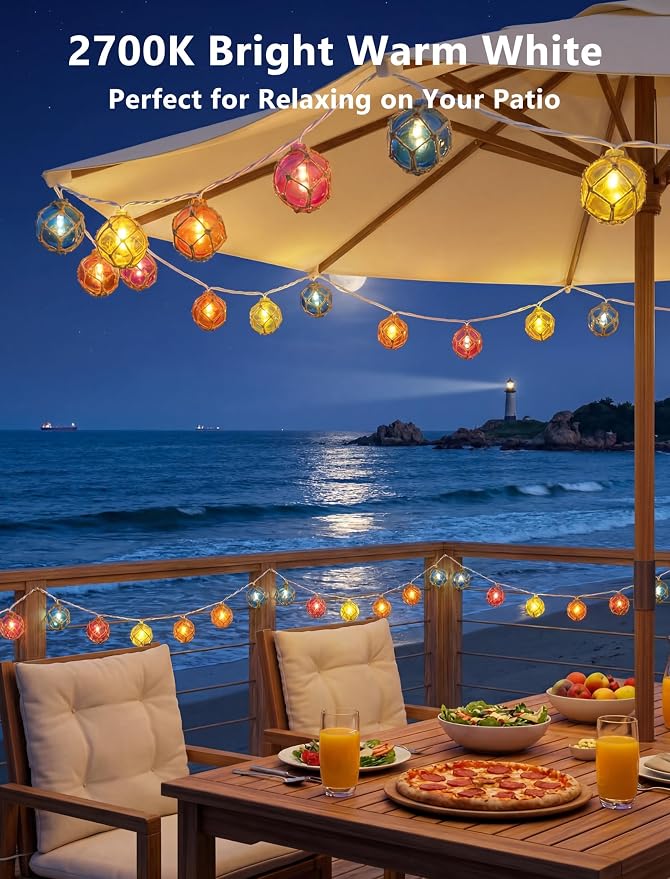 Nautical String Lights Plug in, 12FT 20 LED Tiki Bar Lights with Fishing Float Buoy, UL Certified Waterproof Patio Lights for Beach Party, Coastal Camping Home Indoor Outdoor Summer Decor