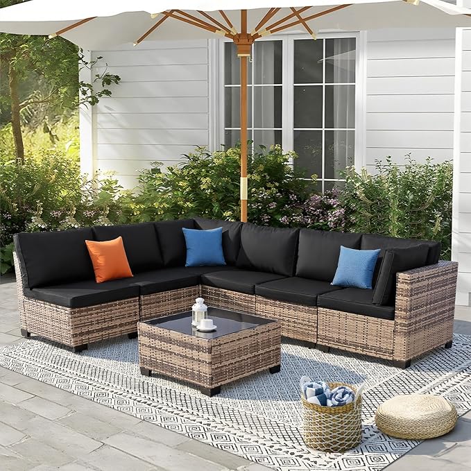 FHFO 14 Piece Outdoor Wicker Patio Furniture Set, Yellow/Black | Sectional Sofa | All-Weather Hand-Woven Rattan | Tempered Glass Coffee Table | Free Combination | Indoor & Outdoor Use