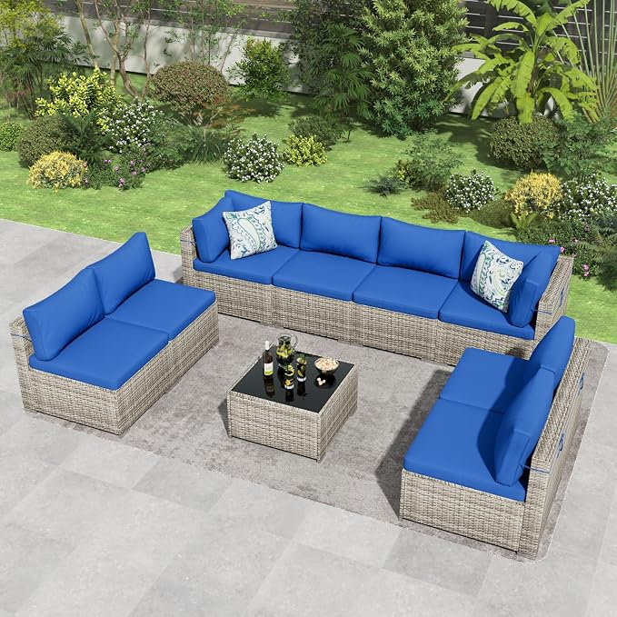Tradare 9 Piece Patio Furniture Set, Outdoor Wicker Patio Sofa Set, PE Rattan Sectional Couch with Glass Table and Blue Cushions, All-Weather 9 Piece Outdoor Patio Furniture Sets, Grey