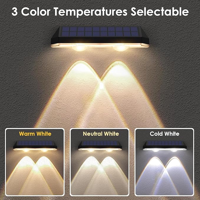 LIANGLOME Solar Fence Lights - 2PK Solar Outdoor Light Warm White/Daylight White/Cold White 3 Modes Deck Lights for Outside, Deck Fences, Stair Railings, Pools and Walls