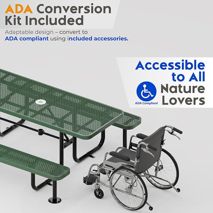 Commercial Heavy-Duty Metal Picnic Table - ADA Compliant, Adjustable Seats, Umbrella Hole, Expanded Metal (Green, 8' Rectangular)