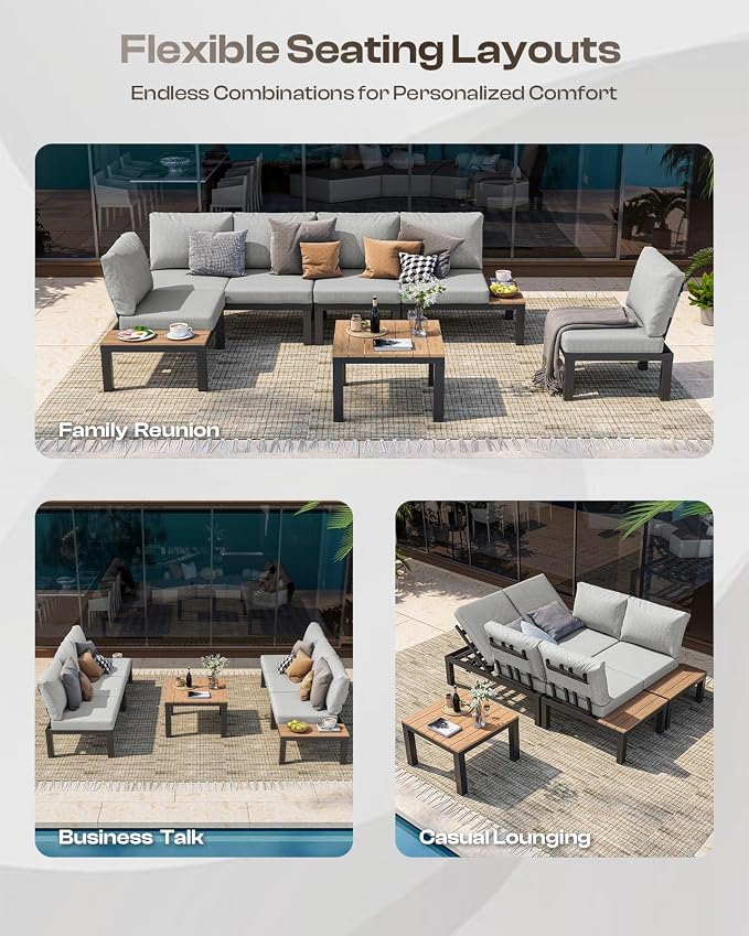 Aluminum Outdoor Patio Sofa Set, 2 Seats Modular Sectional Sofa with Side Table, Thick & Removable Cushions, All-Weather Outdoor Conversation Sets for Garden & Yard, Gray