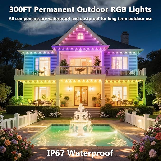 CETELUMA 300FT Permanent Outdoor RGB Lights, IP67 Waterproof Smart Eave Lighting, with App/Remote Control Eaves Light, DIY LED Scenes Modes for House Roof Decor,Party (300FT)