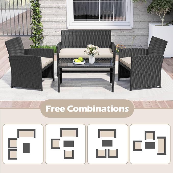 RELAX4LIFE 8-Piece Patio Furniture Set - Wicker Rattan Outdoor Sectional Sofa Set w/Glass Coffee Table, Loveseat, Chairs & Soft Cushions, Bistro Conversation for Garden Porch (2, Black-White)