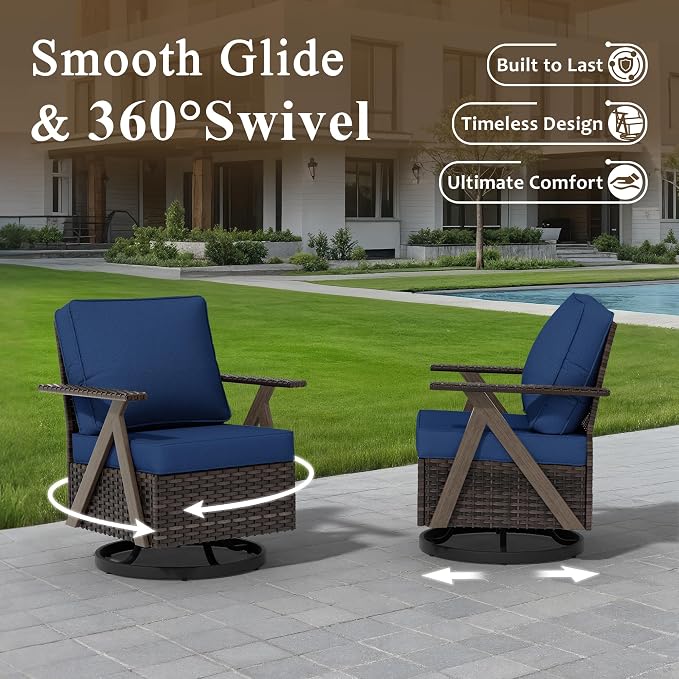 Outdoor Swivel Rocker Chairs, 3 Pieces Wicker Swivel Patio Chair with Rattan Side Table, Patio Furniture Set for Outside Porch Deck