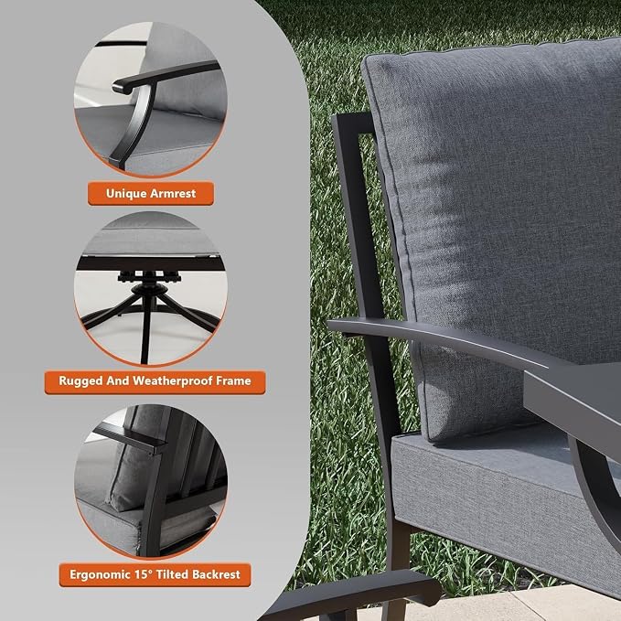 Kullavik 7 Pieces Outdoor Dining Set,Patio Dining Table and Chairs Set for 6,Fence Pattern Back Chairs with Thickened Cushions & Rectangular Metal Dining Table with Umbrella Hole for Patio,Grey