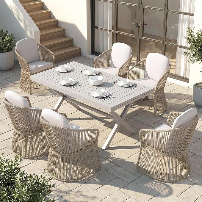 SUNSITT 7 Piece Outdoor Patio Dining Set, 65" - 107" Metal Expandable Outdoor Dining Table with X-Shape Legs, 6 Woven Wicker Outdoor Patio Chairs w/Curved Armrest for Garden, Beige