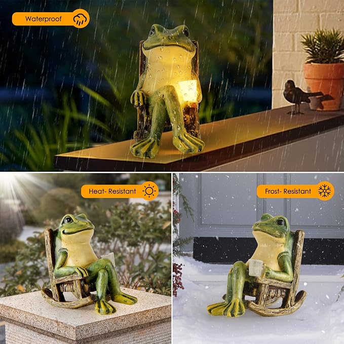 FOXMIS Miniature Frog Garden Statue Mom Dad Gifts Home Decorations Fairy Garden Accessories Outdoor Lights Solar Garden Frog Decor Art Housewarming Gift for Patio,Yard,Lawn Ornament,3.89"x2.36"x3.93