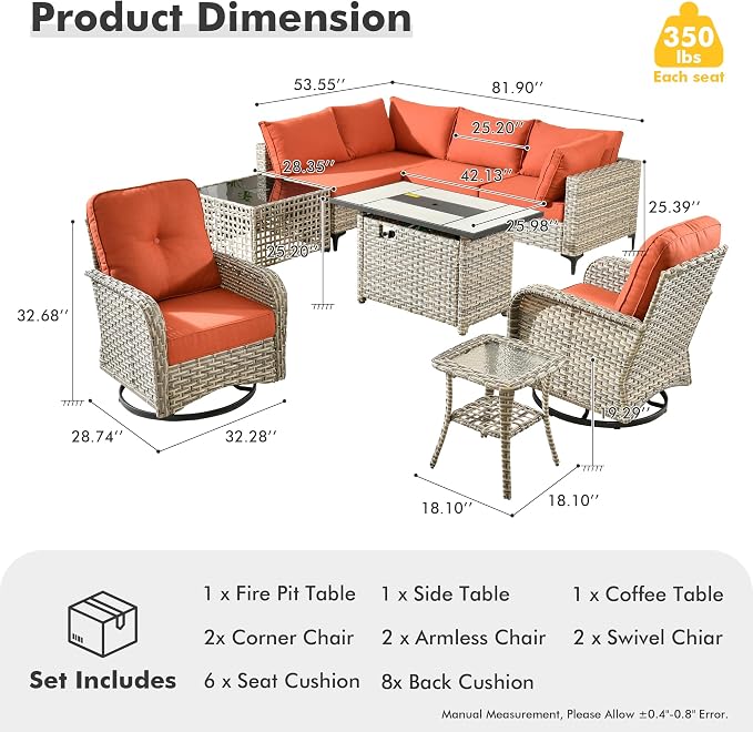 Outdoor Sectional Patio Furniture Set,9 Pieces All Weather Rattan Wicker Conversation Sets with Fire Pit,Out Door Furniture with Swivel Chairs Glowing Coffee Table,Orange Red