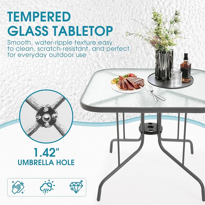Patio Dining Table for 4 with Umbrella Hole, Outdoor 5 Piece Dining Set 36" x 36", Grey, for Garden Backyard Poolside Front Proch Outside