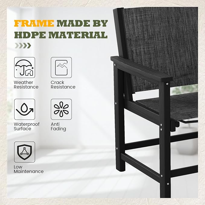 UDPATIO HDPE Dining Chair Set of 4, Heavy Duty Extra-Wide Outdoor Chairs with 360 lb Load Capacity, Easy to Assembly, All-Weather Seating for Patio, Pool, Garden, Backyard,Light-Black