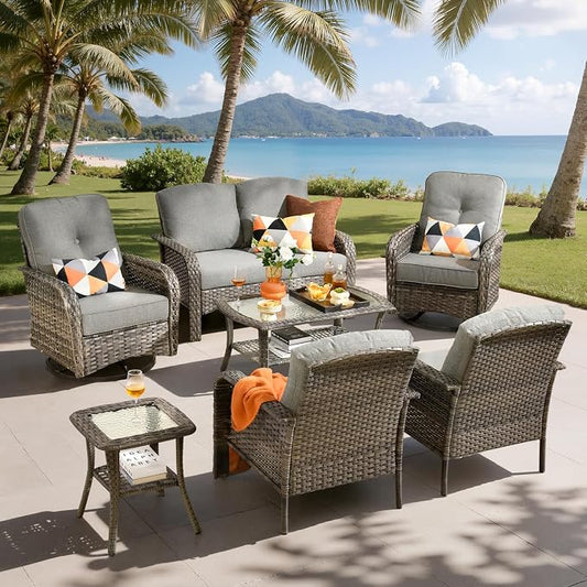 7-Piece Outdoor Patio Furniture Set with Swivel Chairs, Outdoor Conversation Wicker Sofa with Coffee Table, Rattan Couch for Deck Yard Poolside, Dark Grey