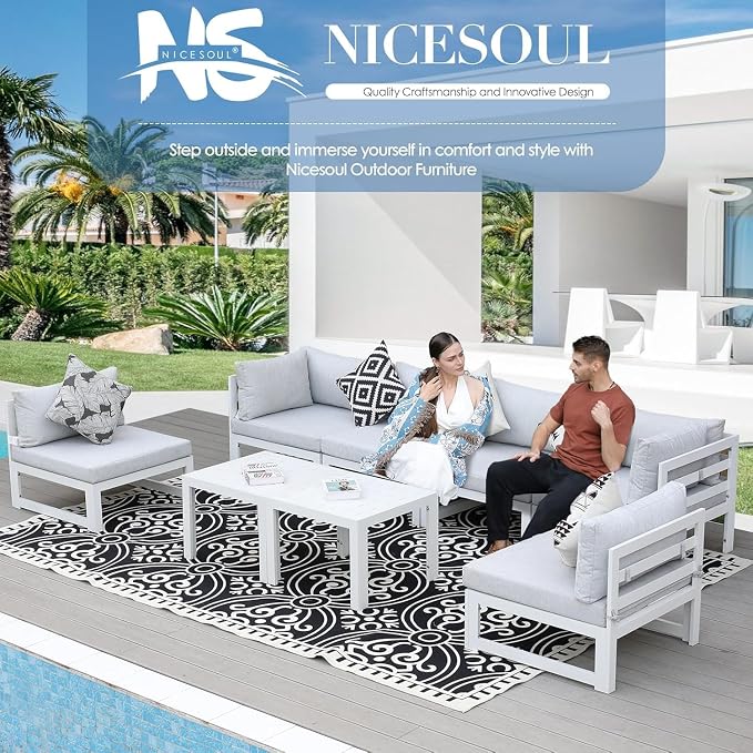 NICESOUL 10 Seat Large Luxury Aluminum Patio Conversation Set with Side Table, 29" Deep Wide Seating, Modular Sectional Couch, 500 lbs Heavy Duty All Weather Outdoor Sofa for Backyard Deck, Light Grey