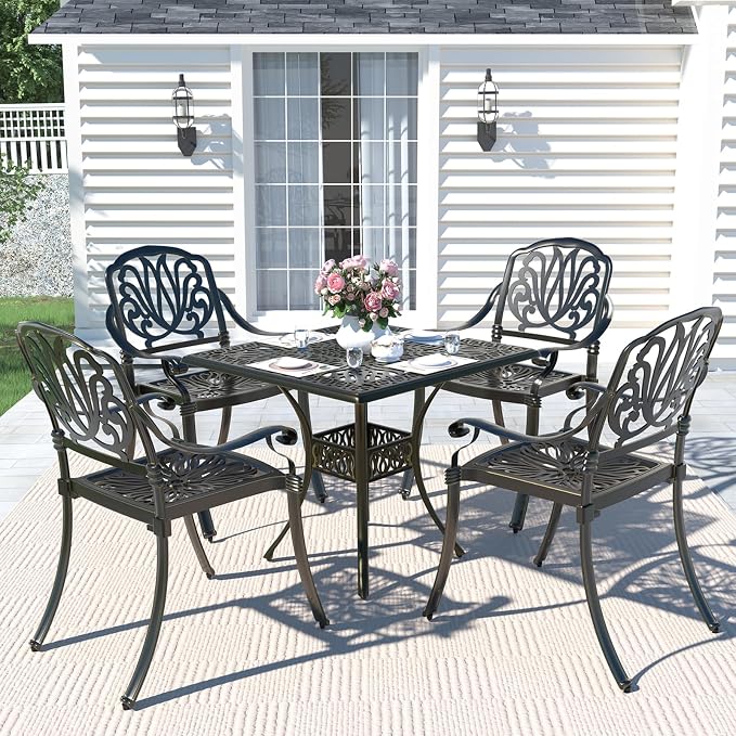 MEETWARM 5-Piece Outdoor Patio Dining Set, All-Weather Cast Aluminum Patio Conversation Set for Backyard Garden Deck with 4 Chairs and 35.4" Square Table, 2.2" Umbrella Hole