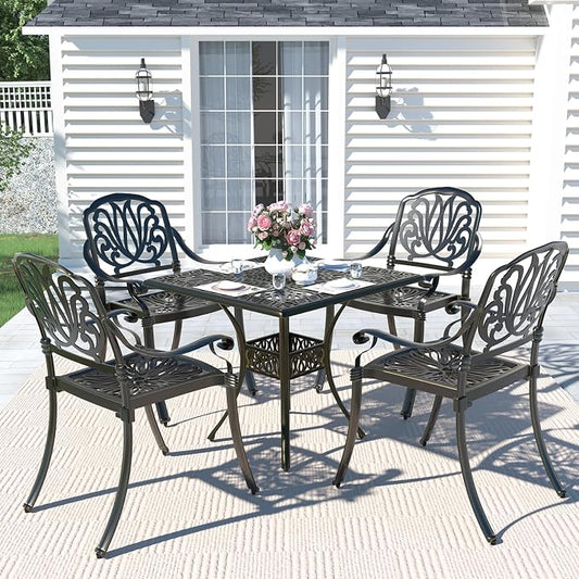 MEETWARM 5-Piece Outdoor Patio Dining Set, All-Weather Cast Aluminum Patio Conversation Set for Backyard Garden Deck with 4 Chairs and 35.4" Square Table, 2.2" Umbrella Hole