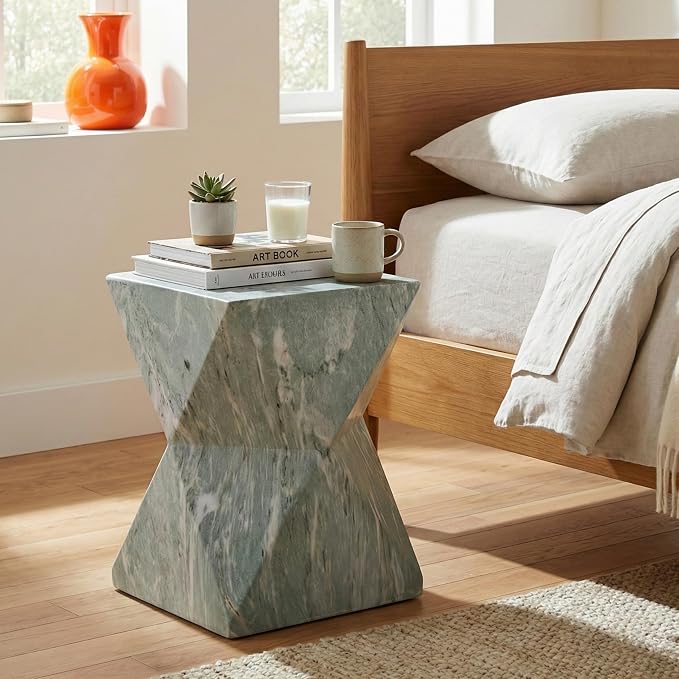 Merax 18.5" H Modern Geometric MGO Side Table, Hourglass Accent Table with Faux Marble Finish - Weather Resistant End Table for Indoor and Outdoor Use, Living Room, Bedroom & Patio, Green Marble