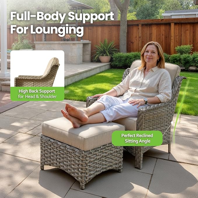 4 Piece Patio Furniture Set with Solar Light Coffee Table, Heavy Duty Wicker High Back Sofa Chairs with Thick Cushion, Small Outdoor Conversation Sets for Backyard Garden Porch, Beige