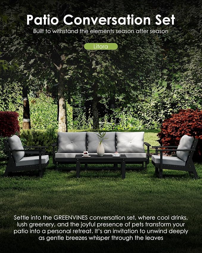 GREENVINES Outdoor-Couch-Set-of-2 | HDPE Plastic | Patio Sectional Conversation Sets | All Weather Couches | Sofa with Detachable Armrests | for Porch Deck Lawn | Black Frame Light Gray Cushion